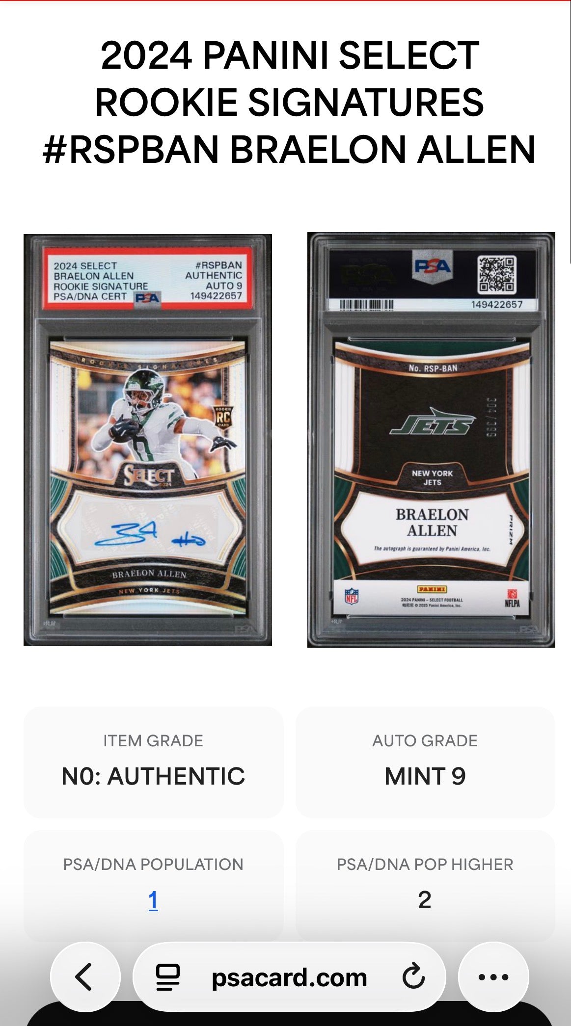 2024 Select Rookie Signature /399 Braelon Allen RC PSA Auth Auto 9 Pop 1! - 149422657