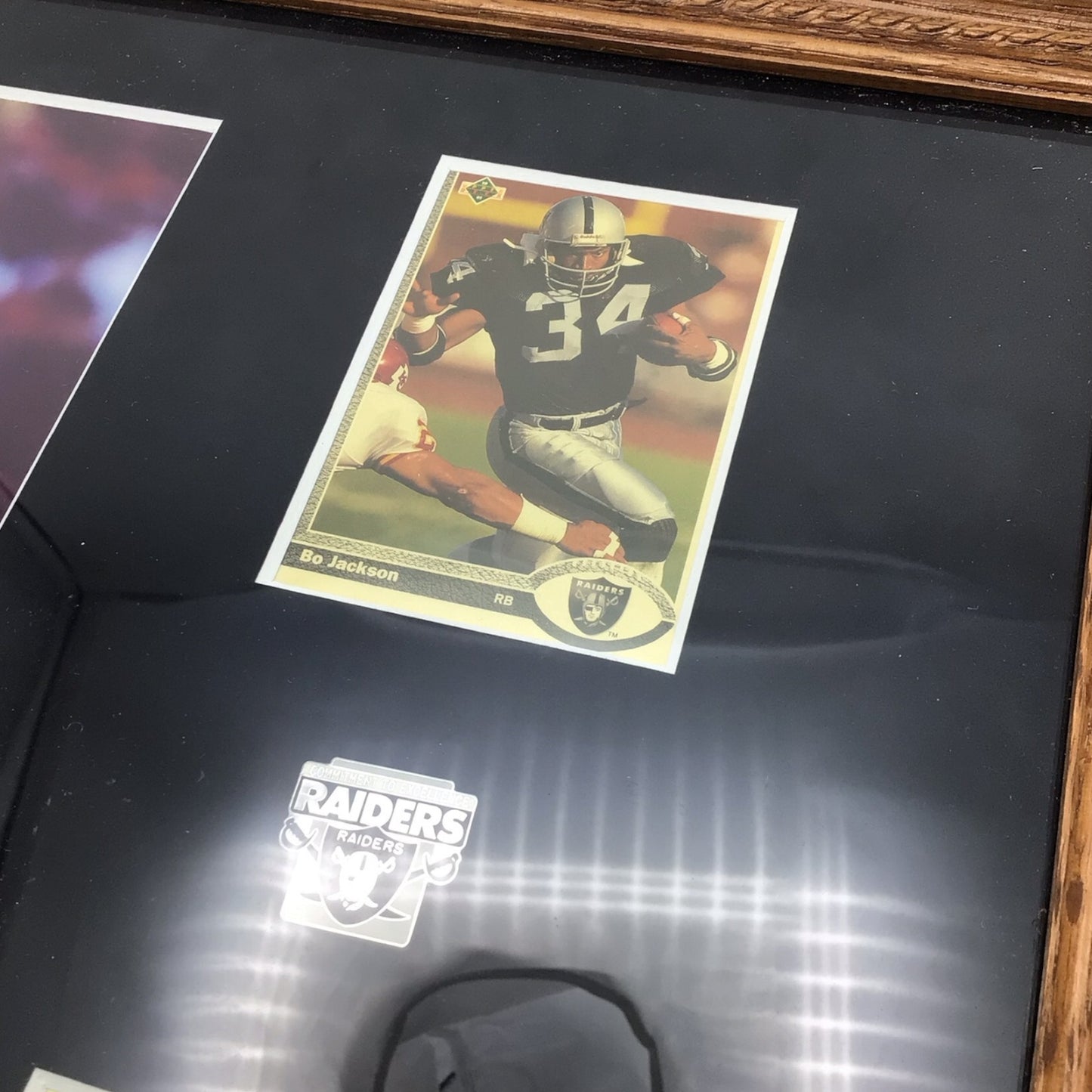 Bo Jackson LA Raiders Framed Photo, Cards, and Enamel Pin Display