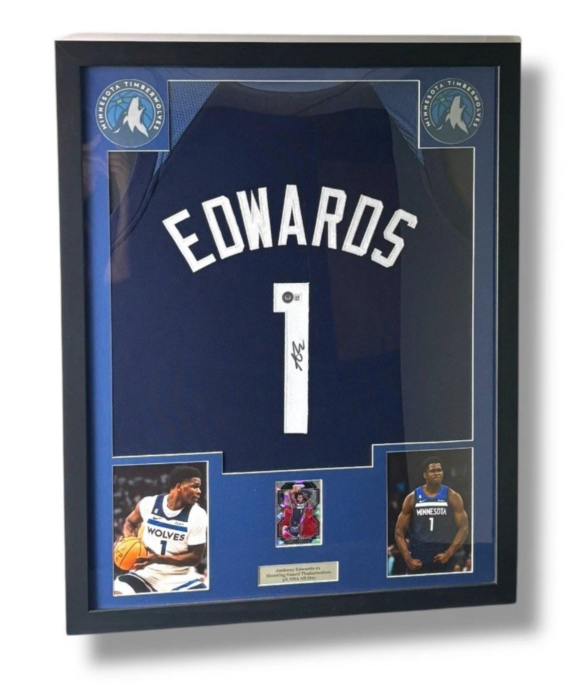 Framed Anthony Edwards Signed Jersey w/ Beckett Auth. & Prizm Cracked Ice Card!