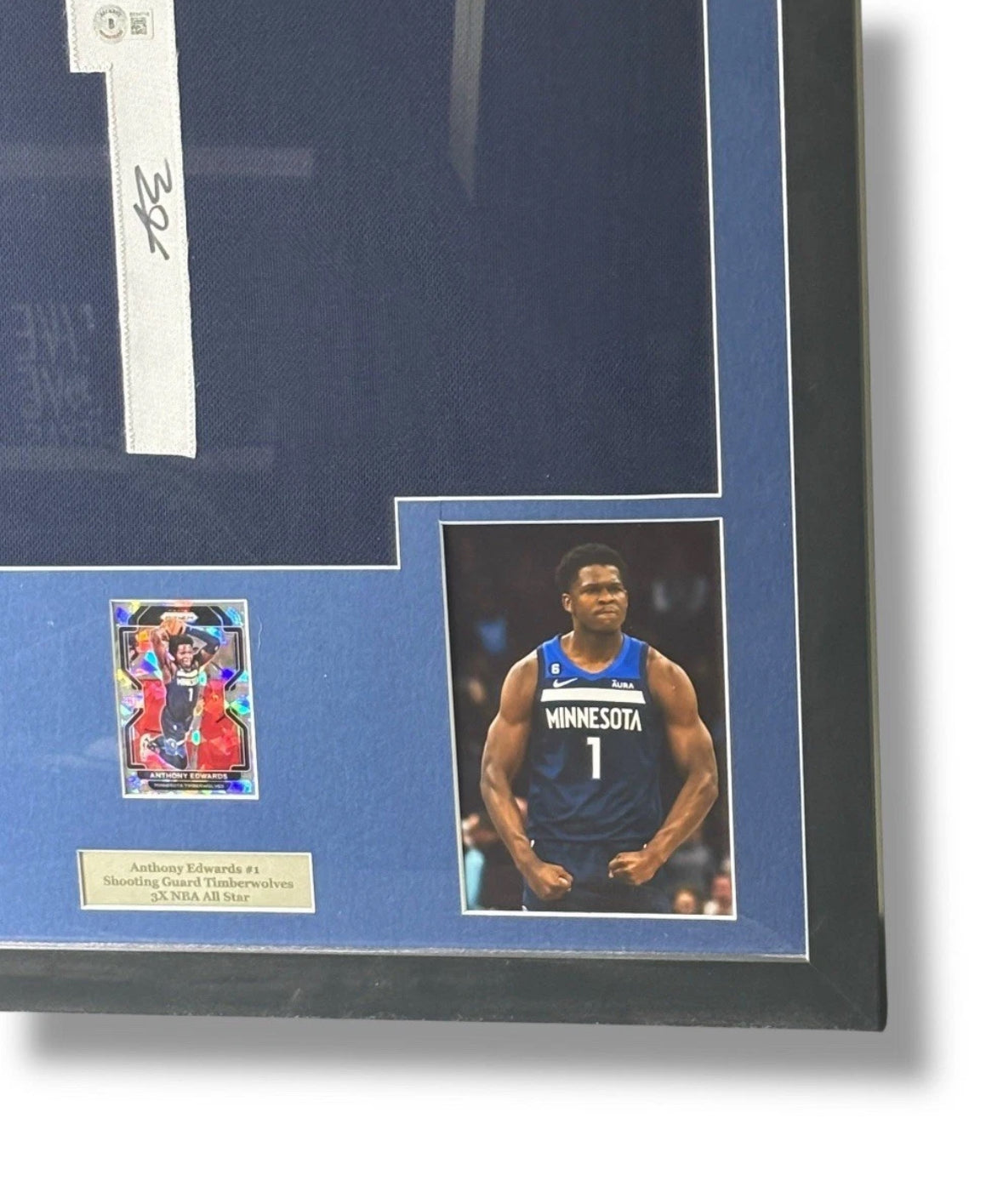 Framed Anthony Edwards Signed Jersey w/ Beckett Auth. & Prizm Cracked Ice Card!