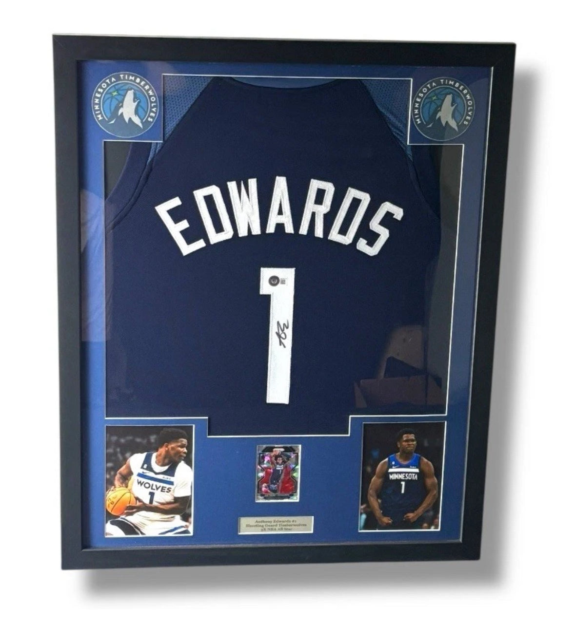 Framed Anthony Edwards Signed Jersey w/ Beckett Auth. & Prizm Cracked Ice Card!