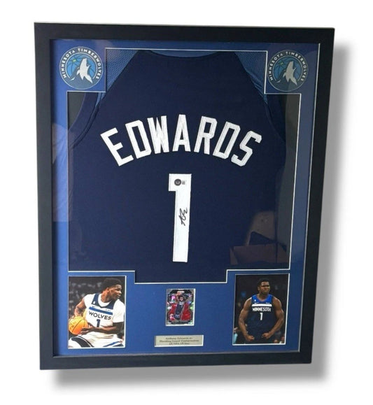 Framed Anthony Edwards Signed Jersey w/ Beckett Auth. & Prizm Cracked Ice Card!