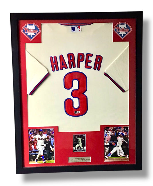 Framed Bryce Harper Autographed Jersey w/ Beckett Authentication & Sports Card