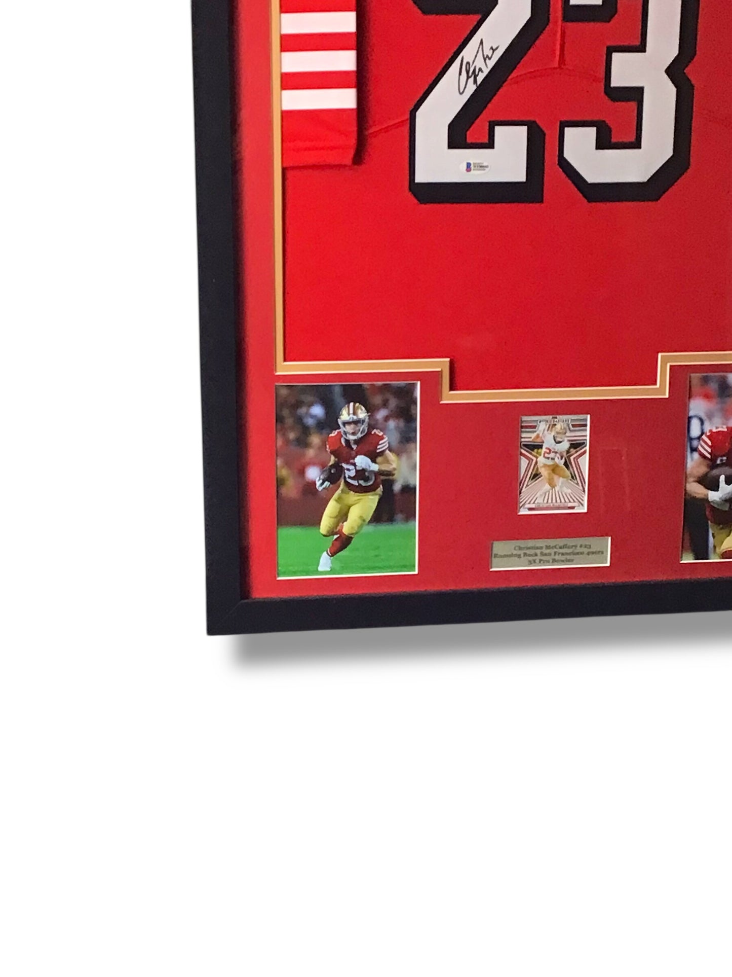 Framed Christian McCaffrey Autographed Jersey w/ Beckett Authentication & Sports Card