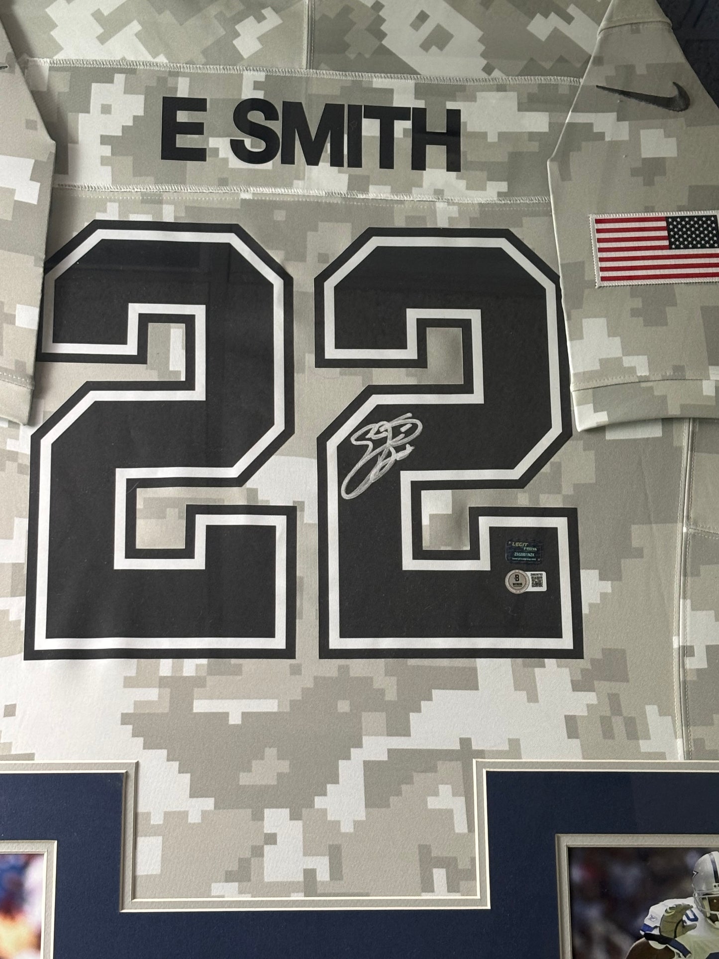 Framed Emmitt Smith Autographed Military Jersey w/ Beckett Auth. & 2 Action Photos