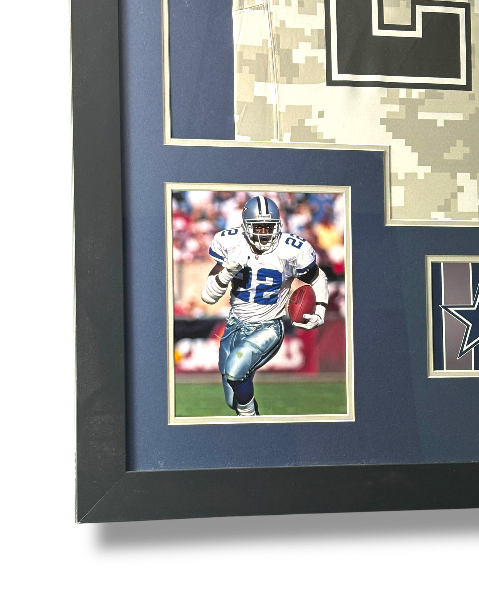 Framed Emmitt Smith Autographed Military Jersey w/ Beckett Auth. & 2 Action Photos