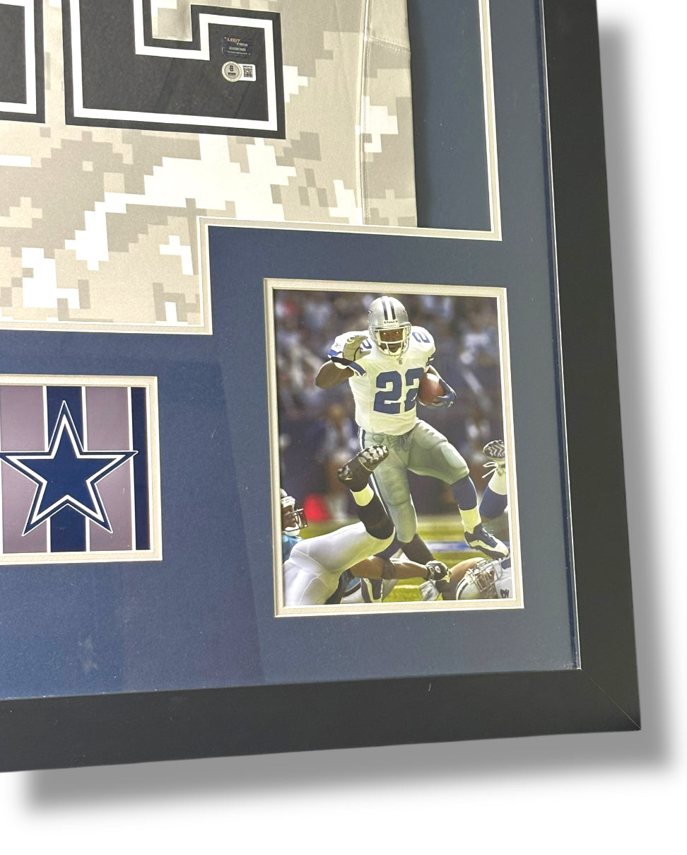 Framed Emmitt Smith Autographed Military Jersey w/ Beckett Auth. & 2 Action Photos