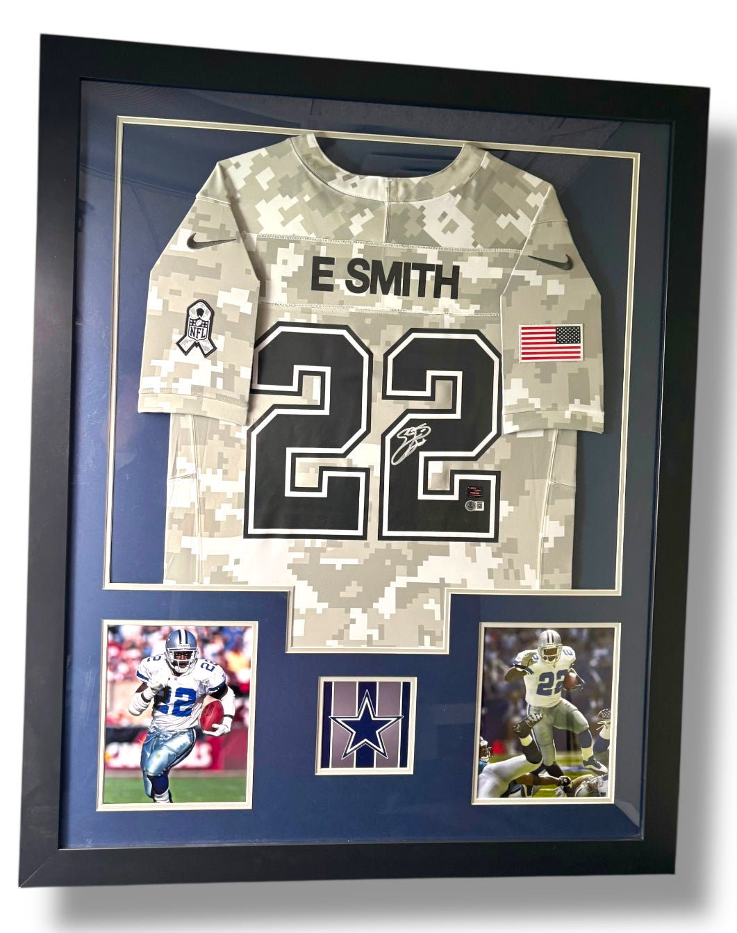 Framed Emmitt Smith Autographed Military Jersey w/ Beckett Auth. & 2 Action Photos