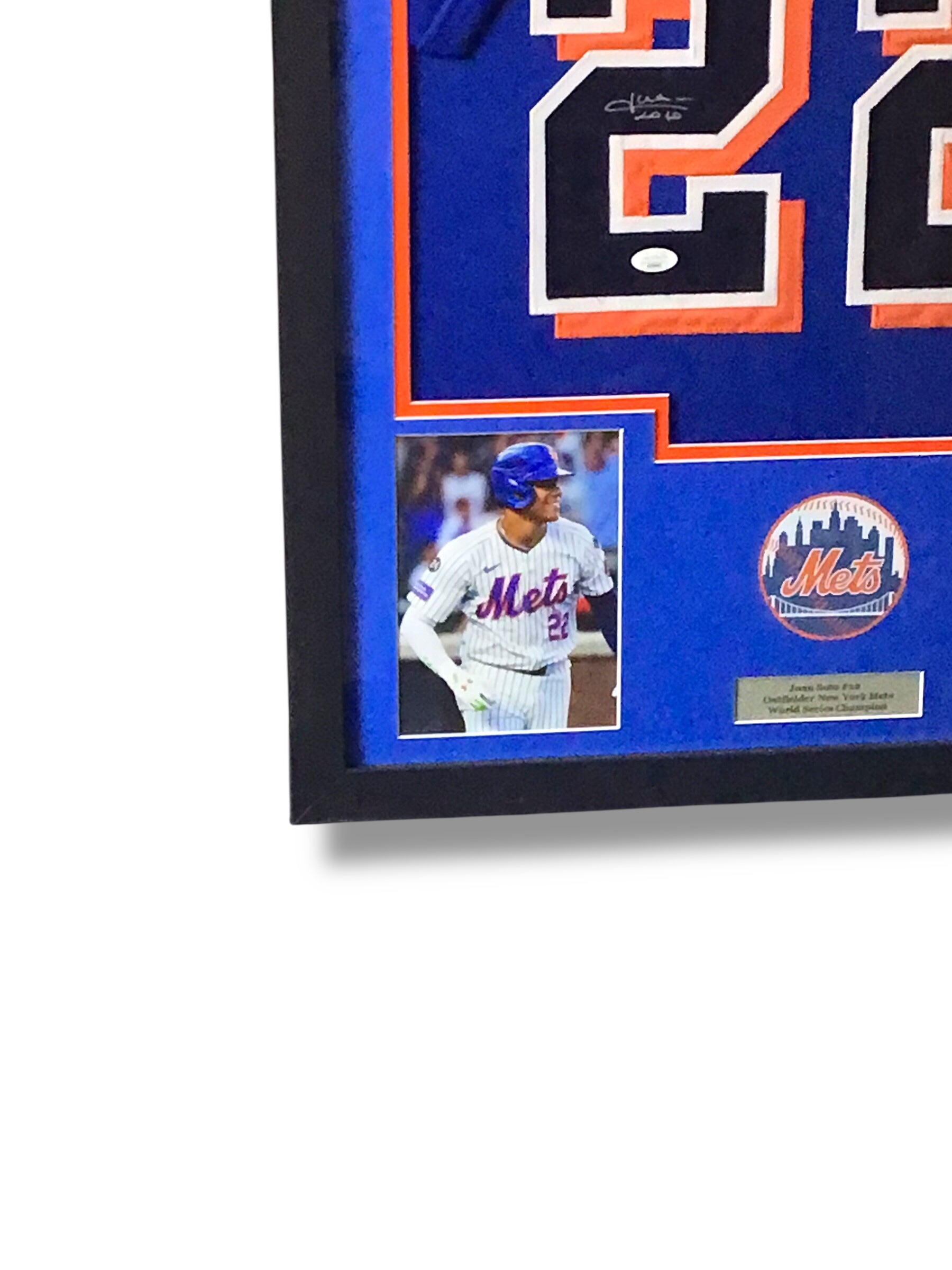 Framed Juan Soto Autographed Mets Jersey w/ JSA Authentication