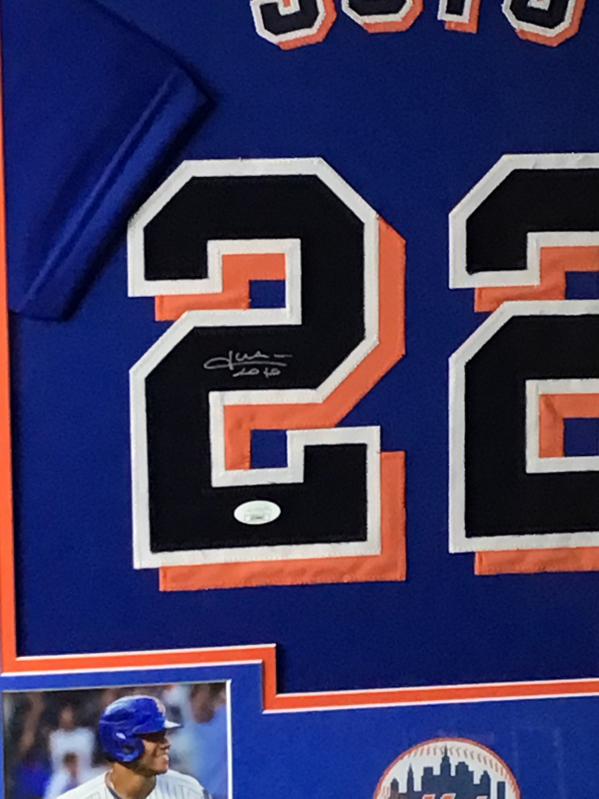 Framed Juan Soto Autographed Mets Jersey w/ JSA Authentication