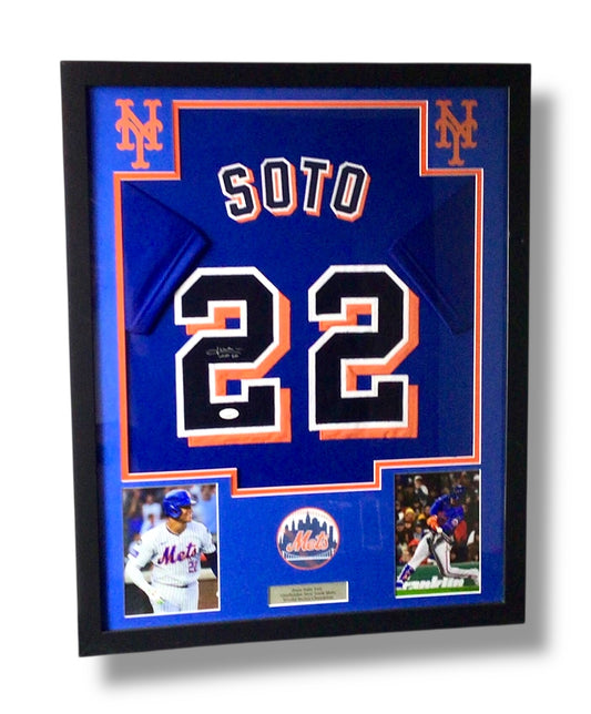 Framed Juan Soto Autographed Mets Jersey w/ JSA Authentication