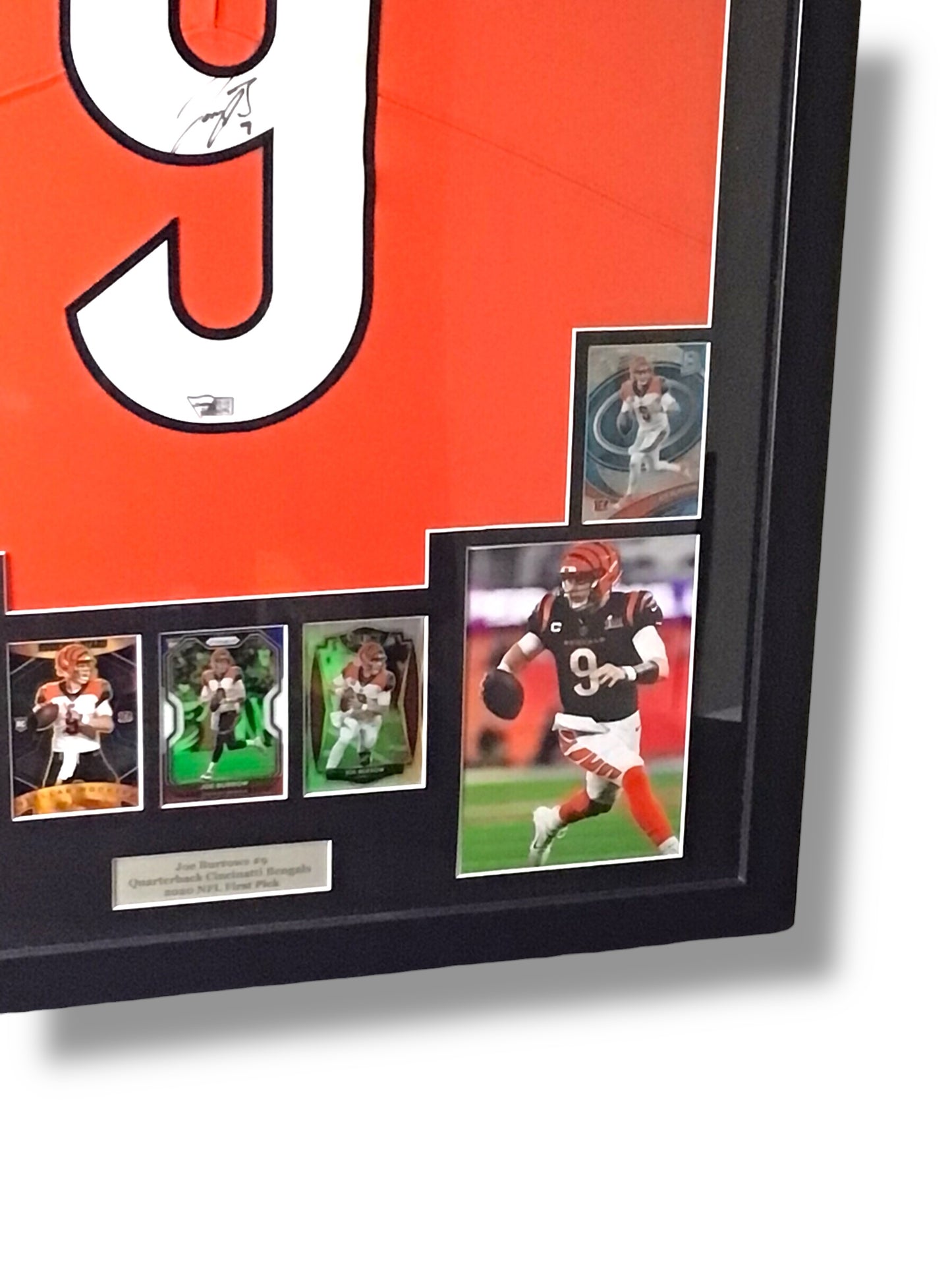 Framed Nike Joe Burrow Custom Signed Jersey Fanatics Certified w/ 4 Rookie cards 1 Insert