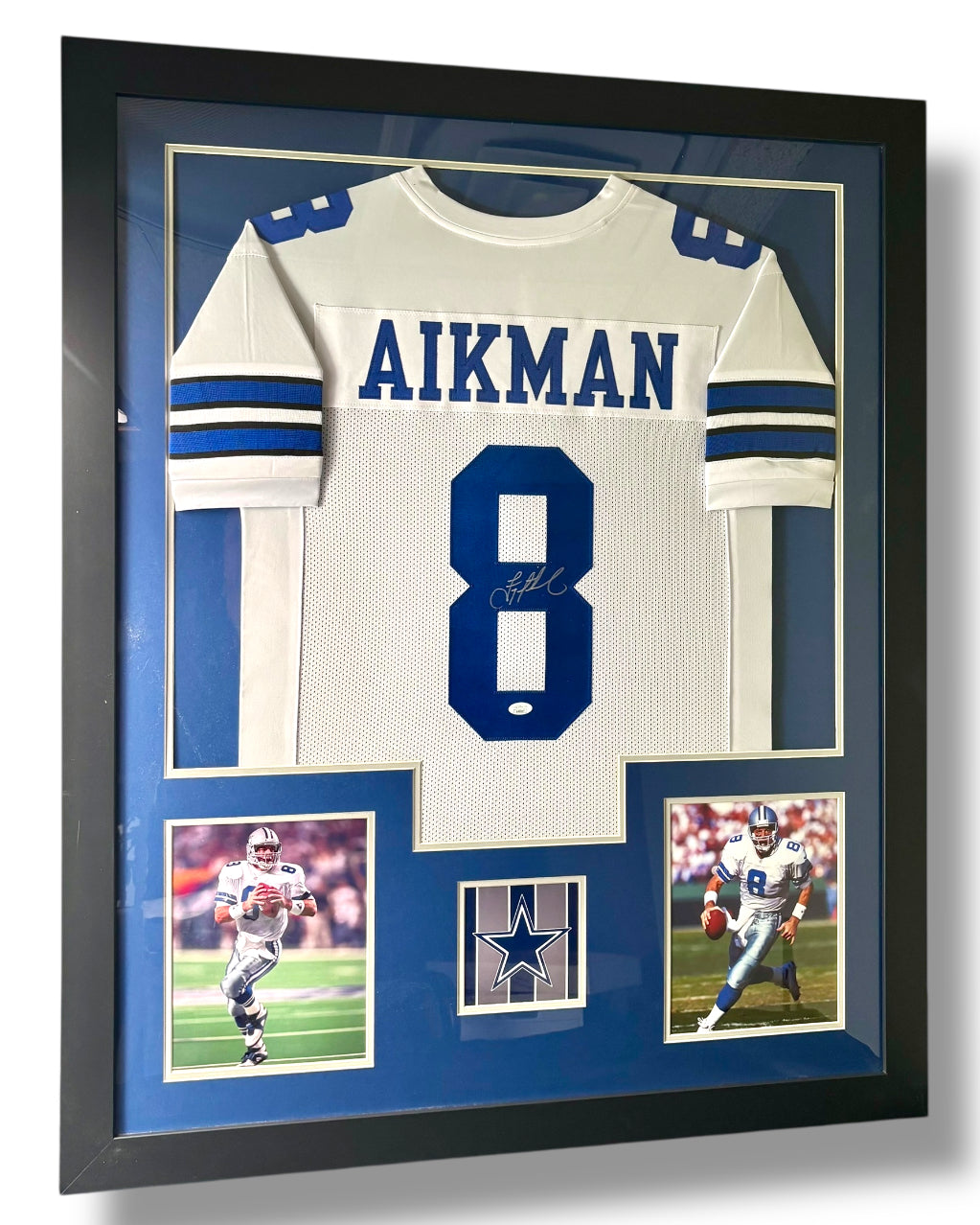 Framed Troy Aikman Autographed Jersey w/ JSA Authentication & 2 Action Photos