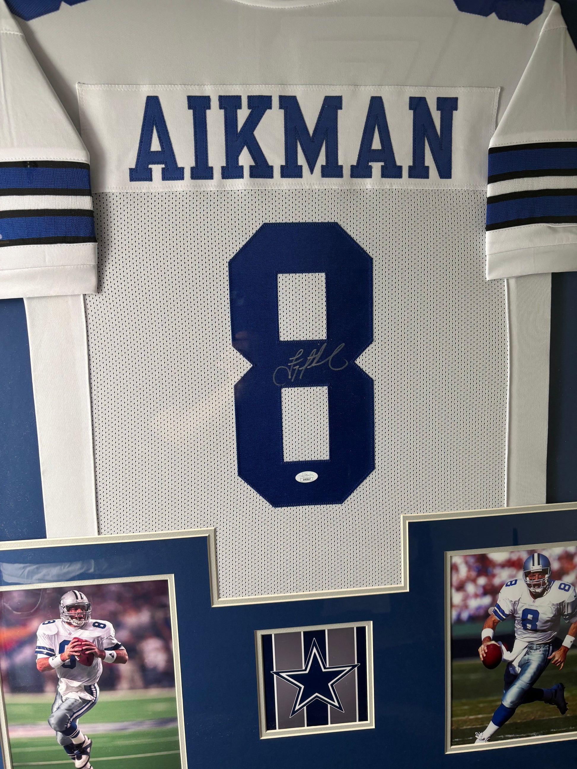 Framed Troy Aikman Autographed Jersey w/ JSA Authentication & 2 Action Photos