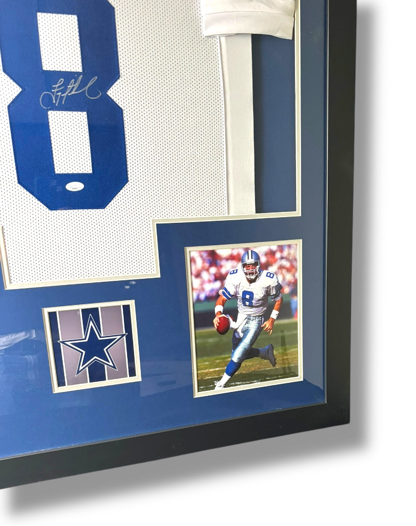 Framed Troy Aikman Autographed Jersey w/ JSA Authentication & 2 Action Photos