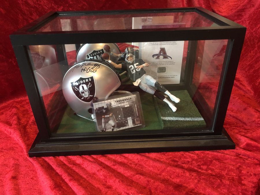Fred Biletnikoff Raiders Autographed Mini Helmet Shadowbox w/ Card & Figure COA