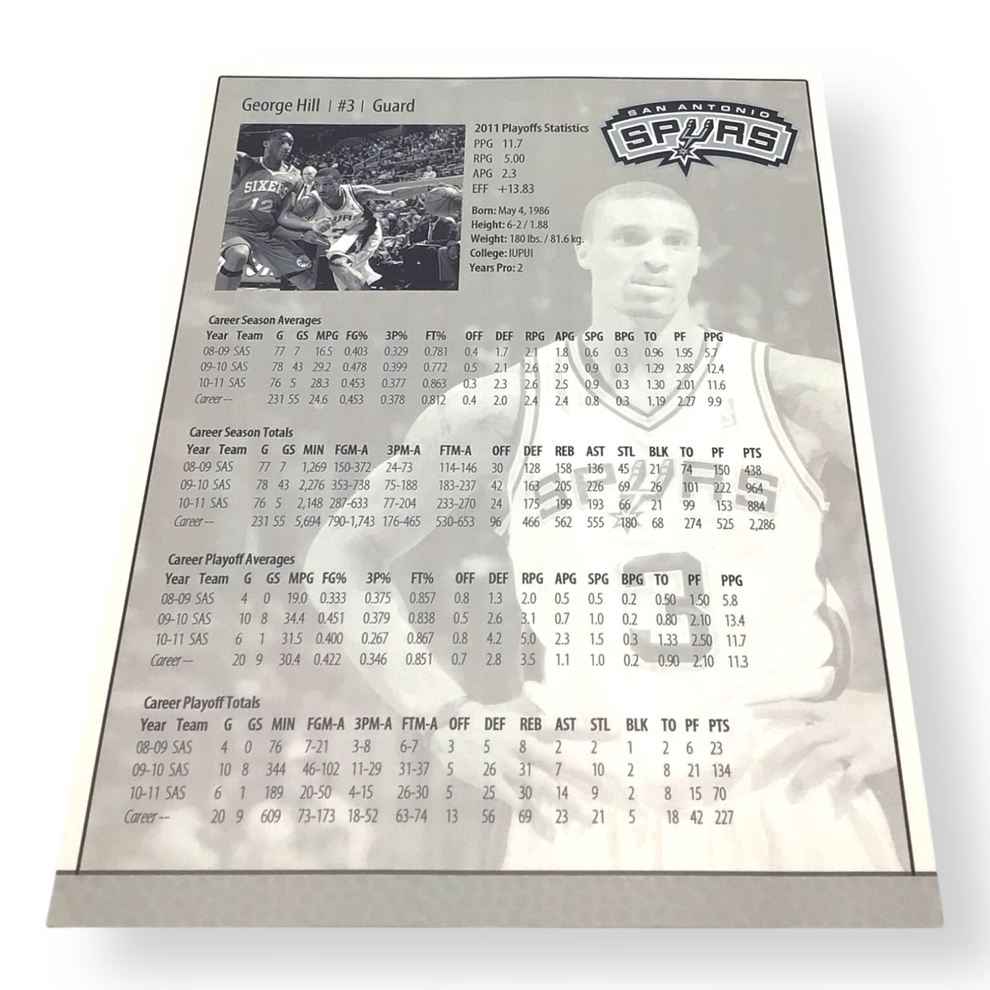 George Hill Signed 8x10 Spurs Sheet w/ 2011 Playoff Stats