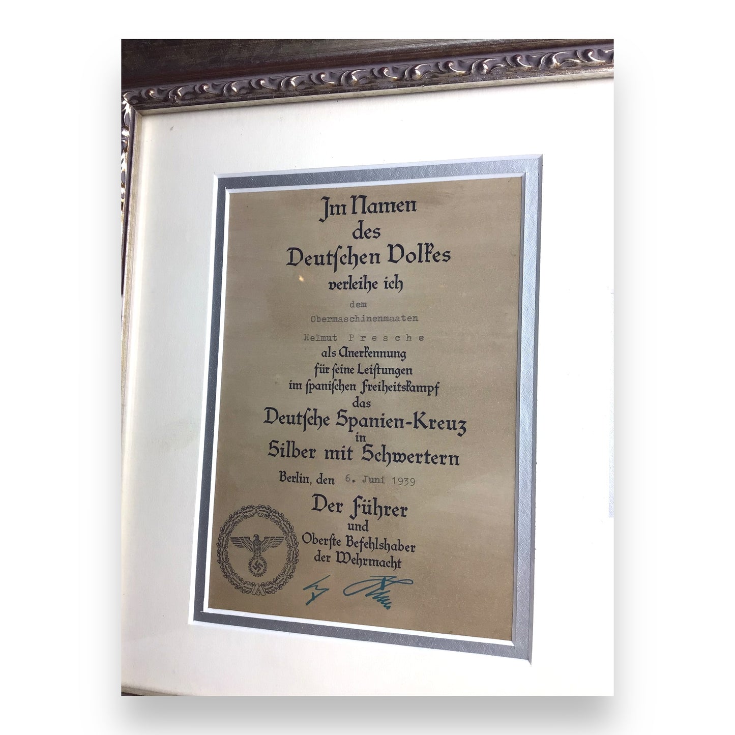 German 1939 Spanish Cross in Silver w/ Swords & Award Certificate – Framed