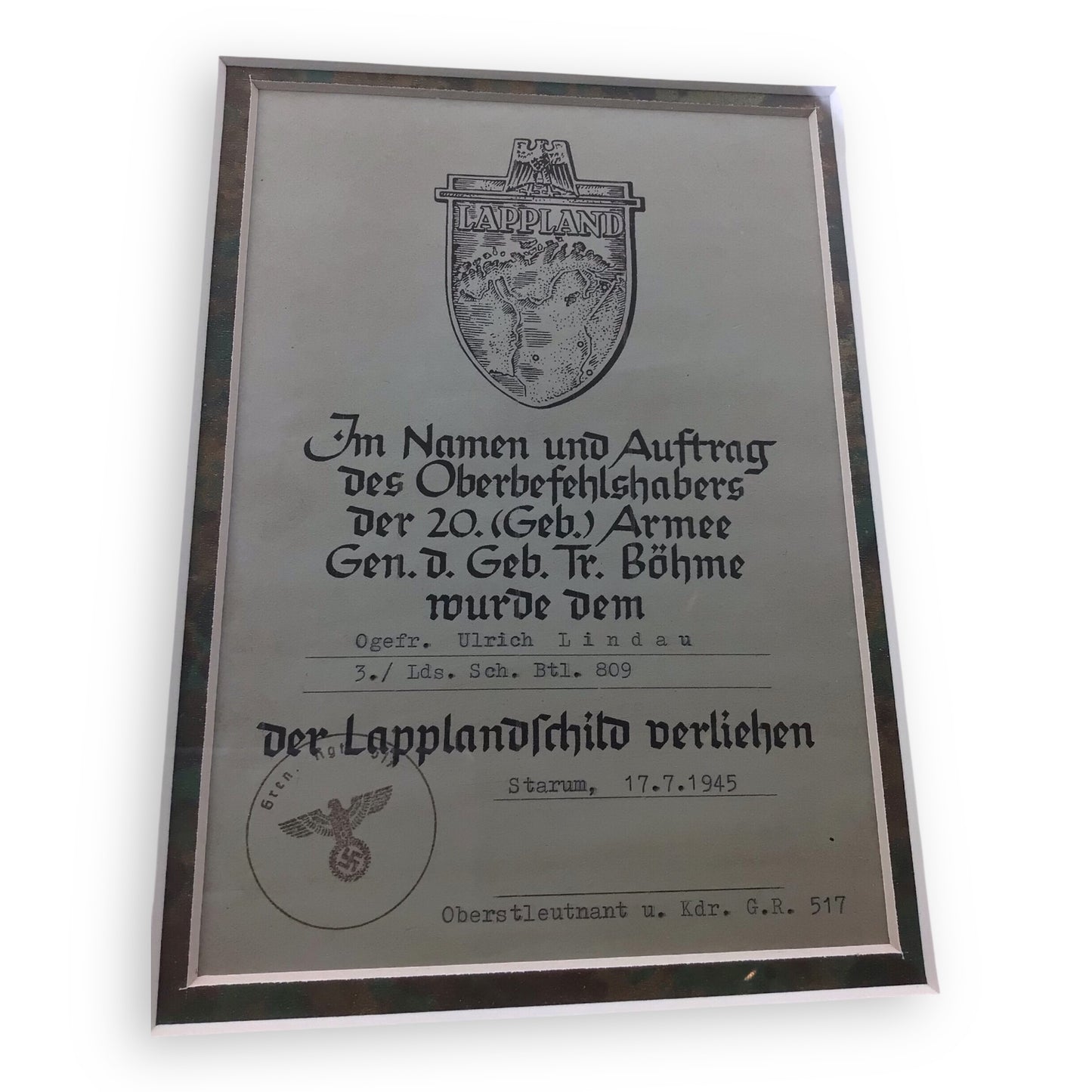 German WW2 Lappland Shield with Award Document Professionally Framed