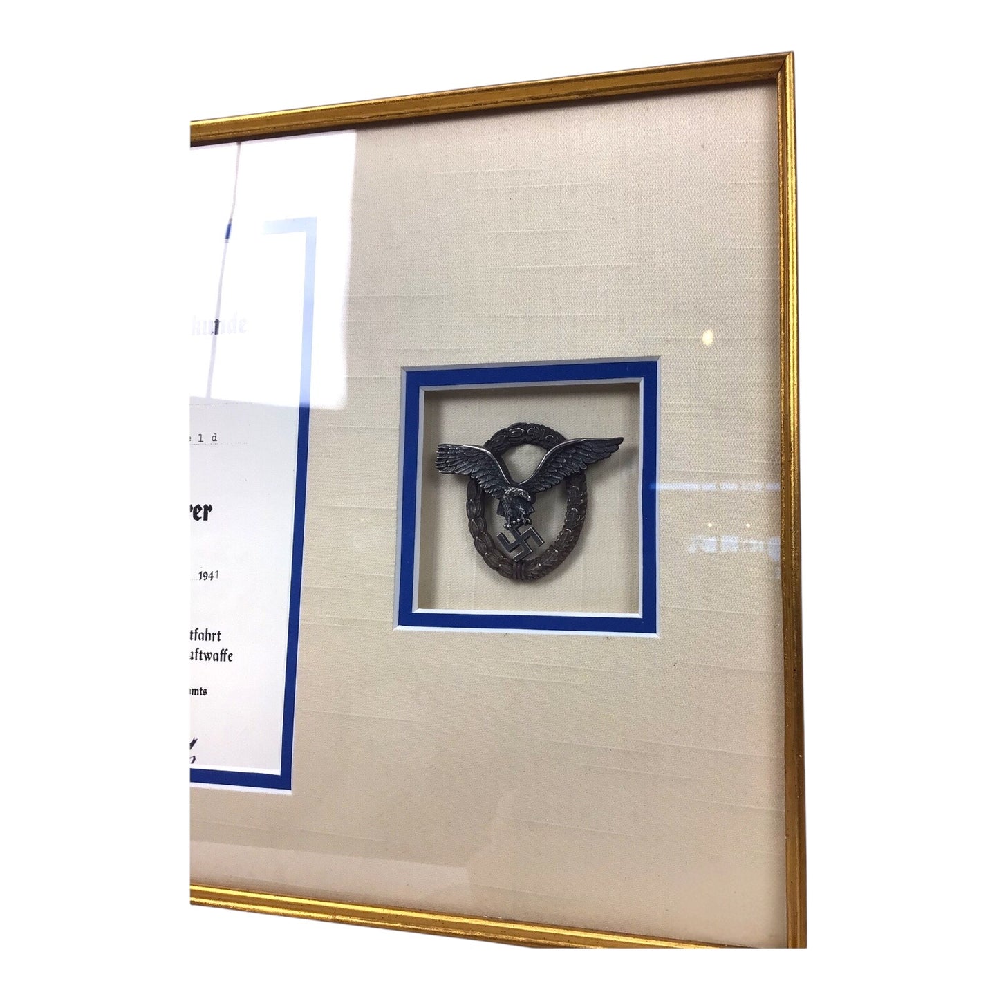 German WW2 Luftwaffe Pilot's Badge w/ Award Document Matted and Framed