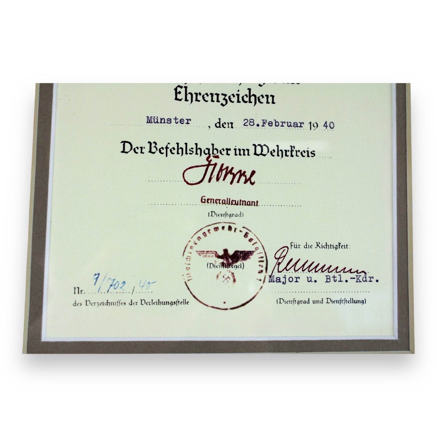 German WW2 West Wall Medal awarded in Münster February 28, 1940