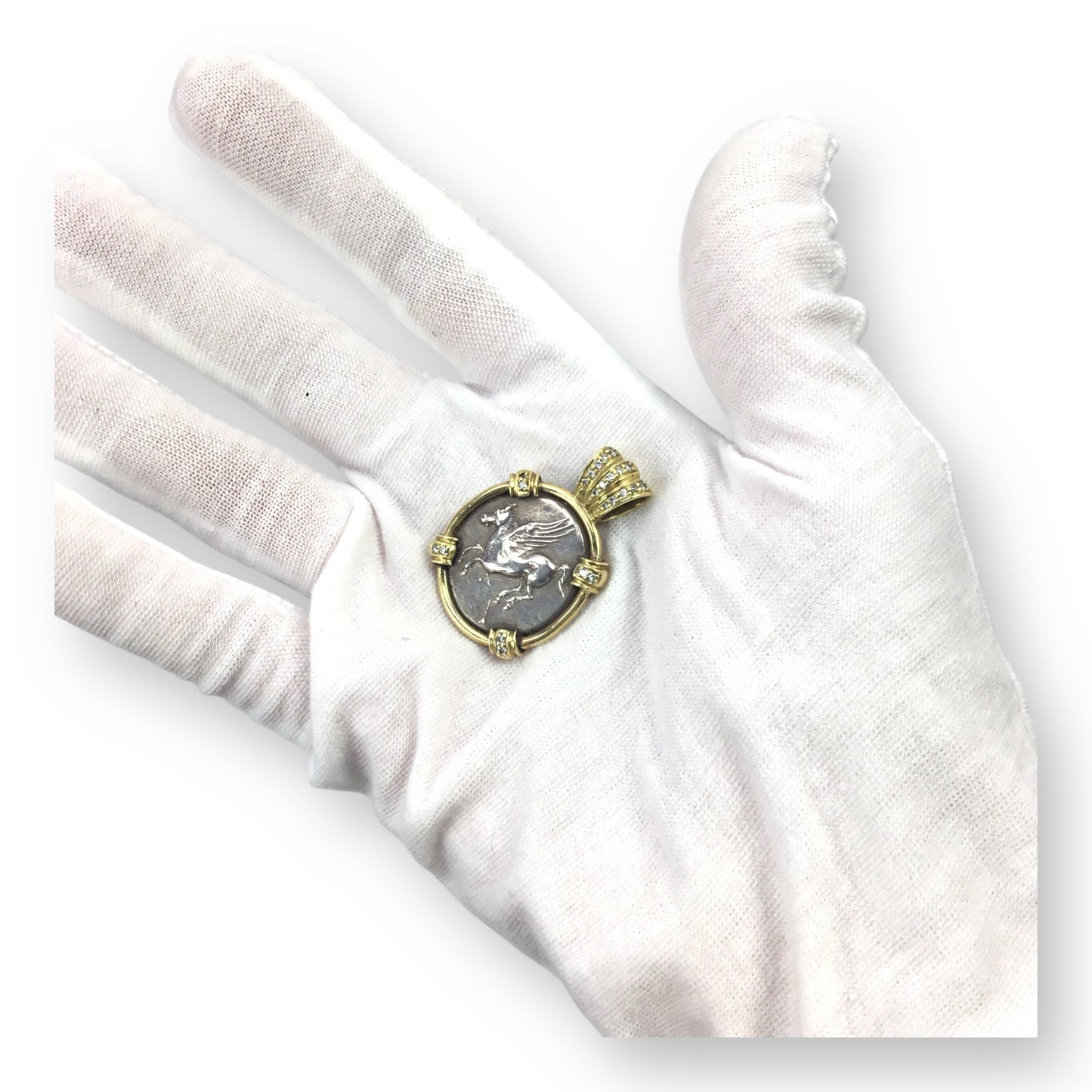 Greek Coin Pendant in 18KT Gold with Diamonds – Pegasus & Athena