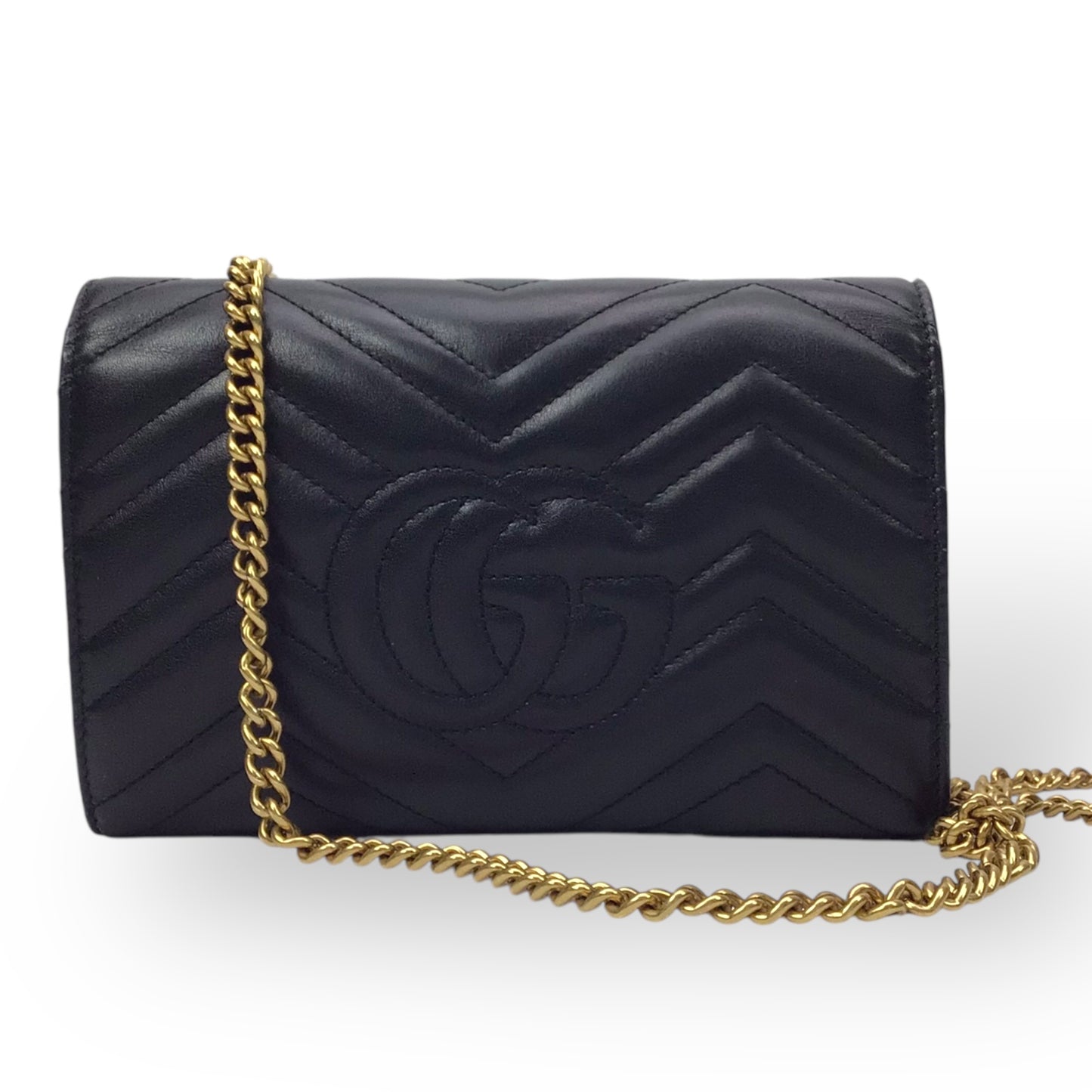 Gucci GG Marmont Black Quilted Chain Wallet w/Gold Hardware