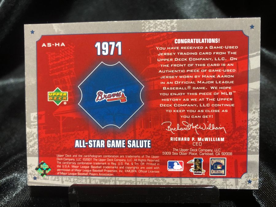 Hank Aaron Braves Signed Baseball & UD Jersey Card Shadowbox Display
