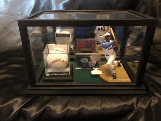 Hank Aaron Braves Signed Baseball & UD Jersey Card Shadowbox Display