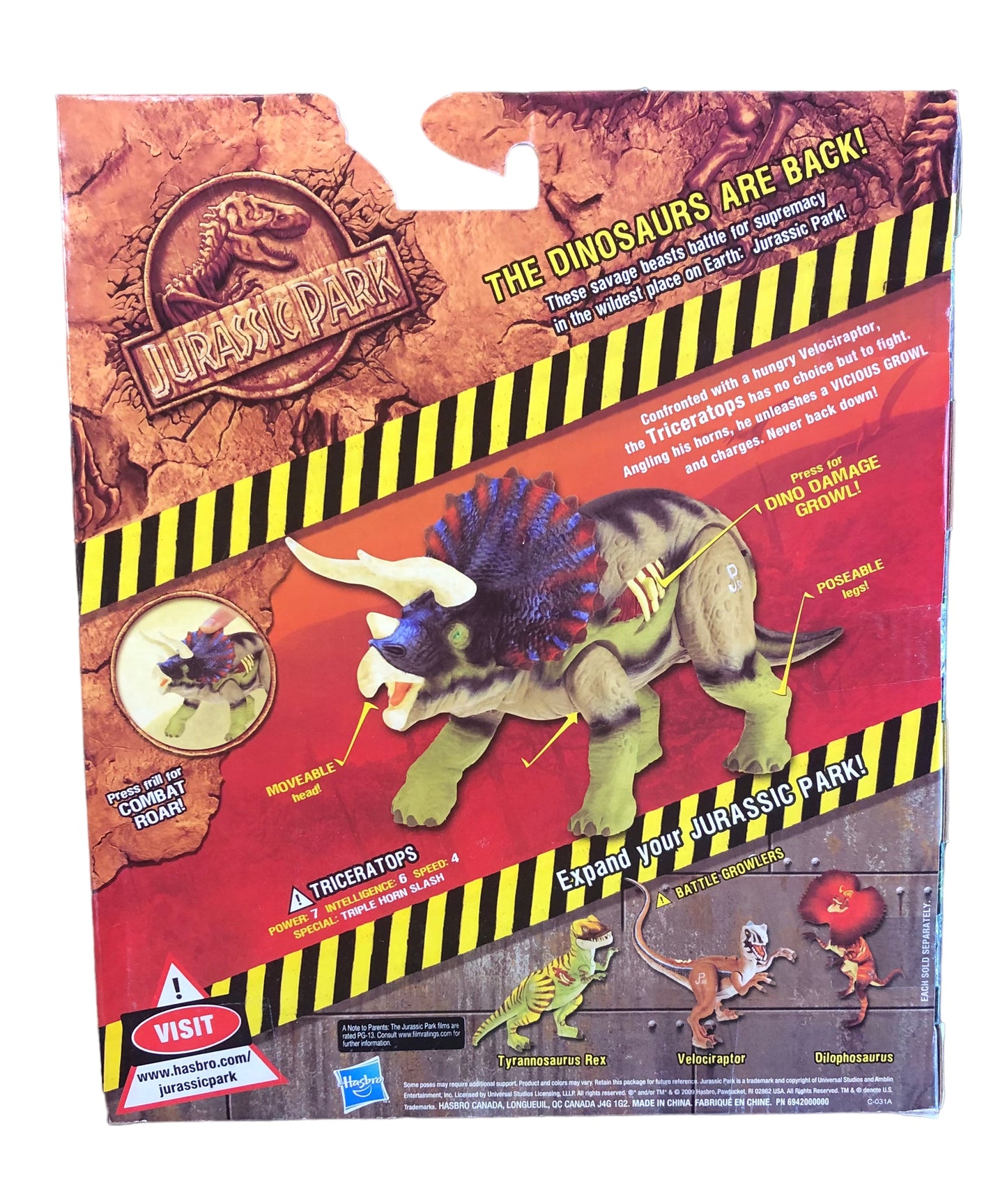 Hasbro 2009 Jurassic Park Battle Growlers Triceratops Action Figure