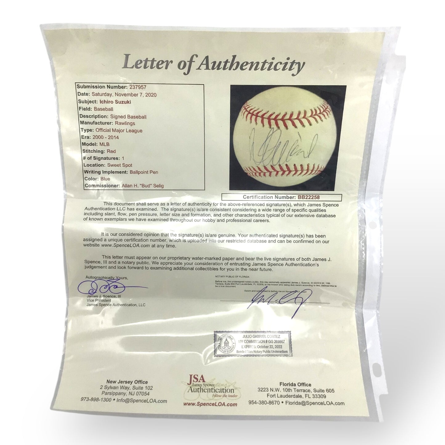 Ichiro Suzuki Signed Baseball – JSA Authenticated (Recent HOF) w/ Letter