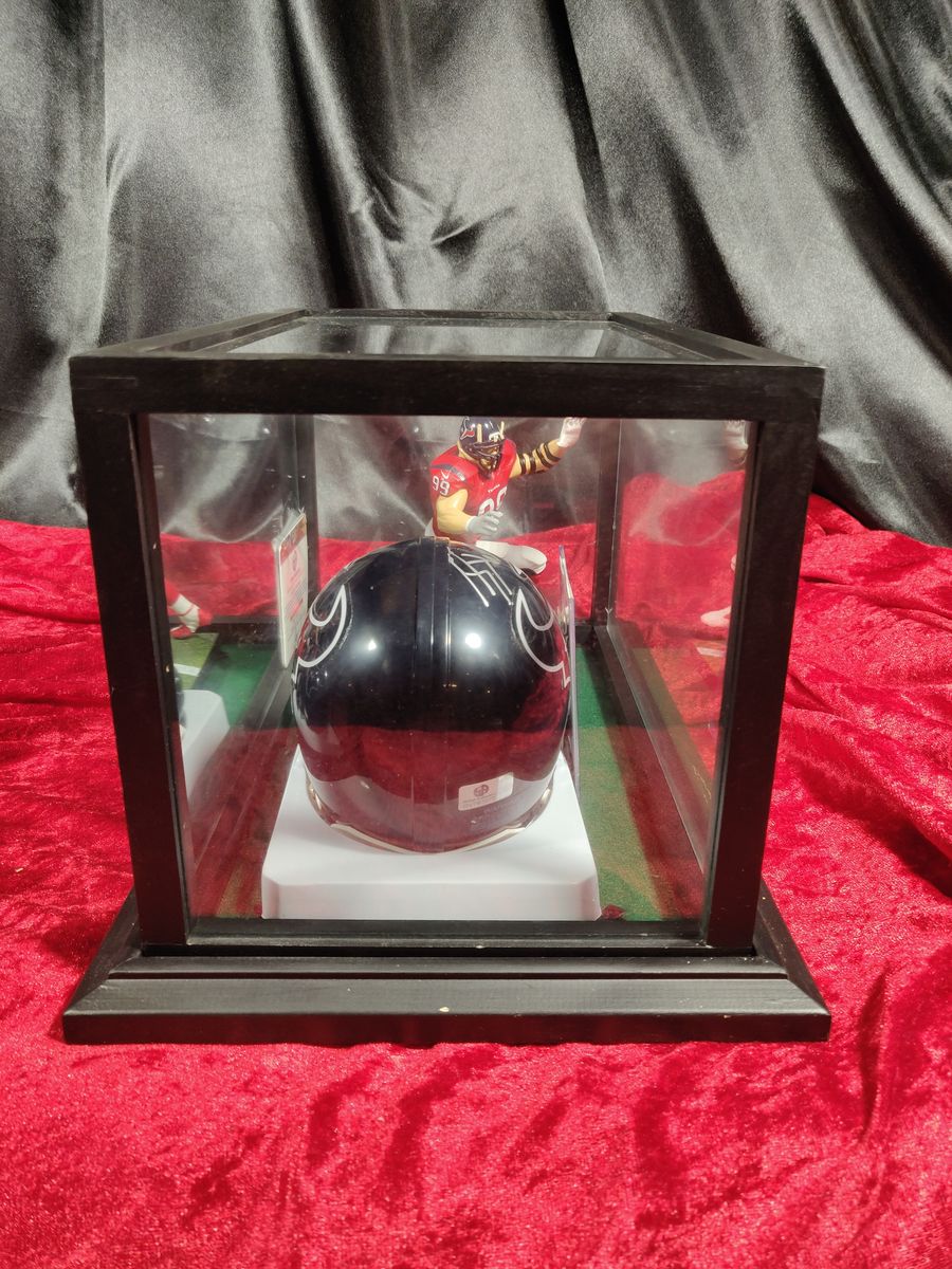 JJ Watt Houston Texans Autographed Mini Helmet Shadowbox w/ Jersey Card & Figure