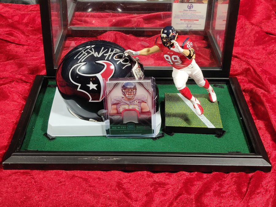 JJ Watt Houston Texans Autographed Mini Helmet Shadowbox w/ Jersey Card & Figure