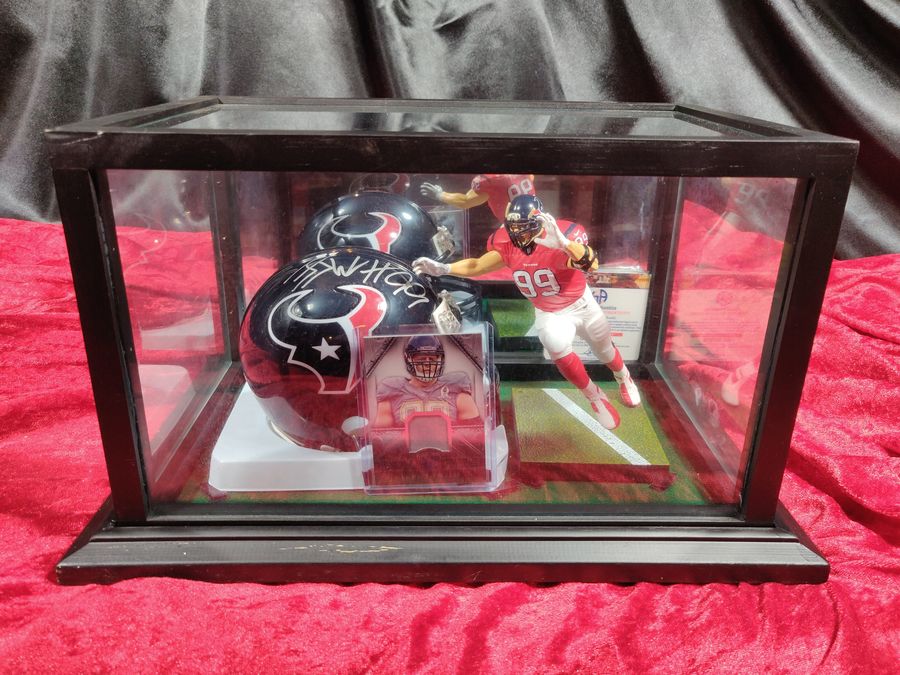 JJ Watt Houston Texans Autographed Mini Helmet Shadowbox w/ Jersey Card & Figure