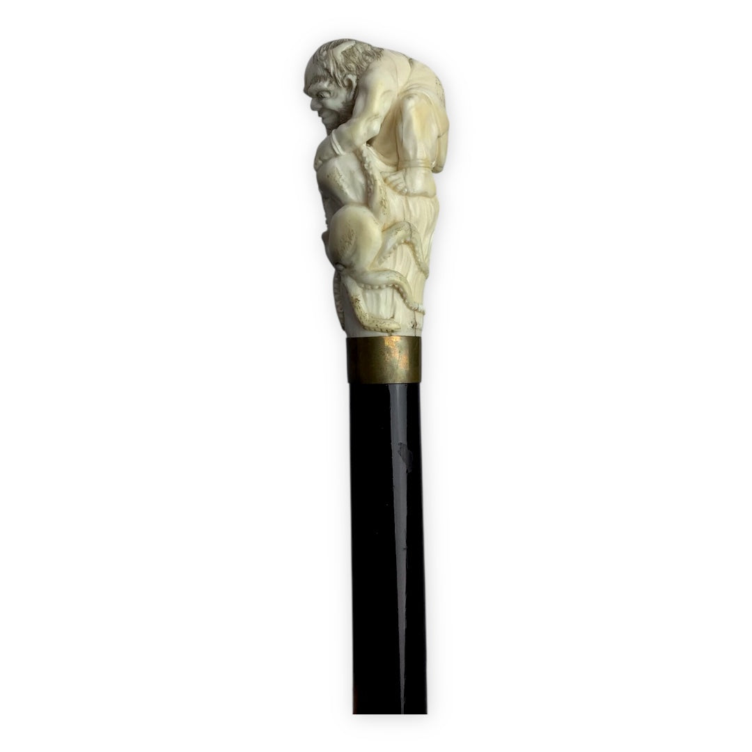Japanese Ivory Cane with Warrior Fighting Squid Handle
