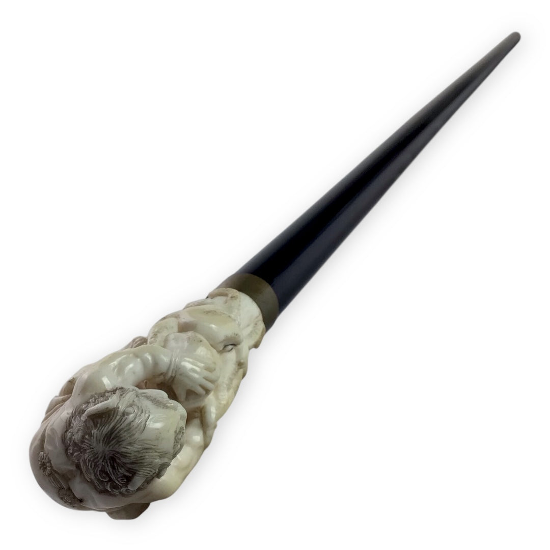 Japanese Ivory Cane with Warrior Fighting Squid Handle