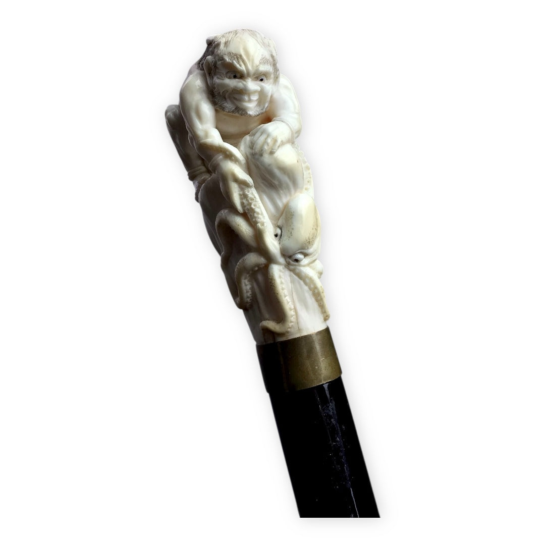 Japanese Ivory Cane with Warrior Fighting Squid Handle