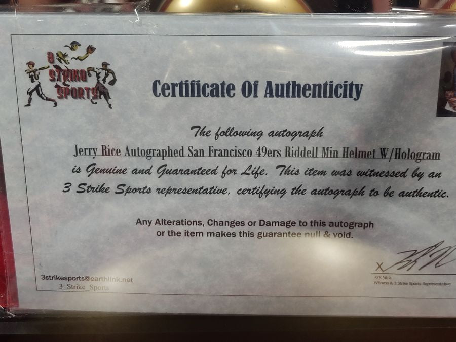 Jerry Rice 49ers Autographed Mini Helmet Shadowbox w/ Jersey Card and Figure