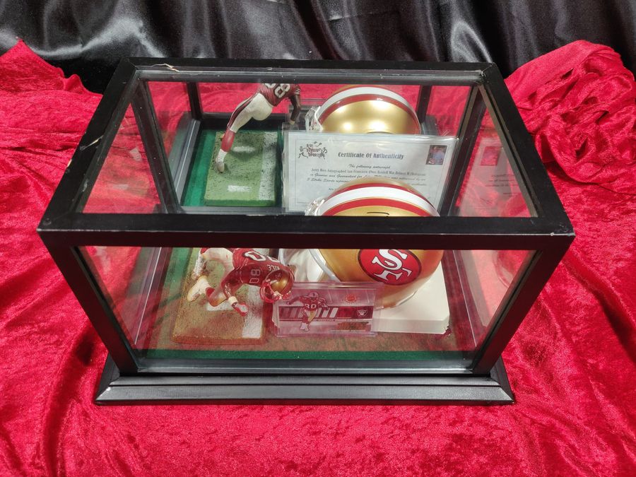 Jerry Rice 49ers Autographed Mini Helmet Shadowbox w/ Jersey Card and Figure