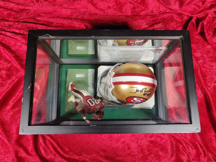 Jerry Rice 49ers Autographed Mini Helmet Shadowbox w/ Jersey Card and Figure