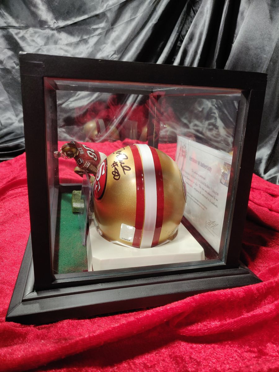 Jerry Rice 49ers Autographed Mini Helmet Shadowbox w/ Jersey Card and Figure