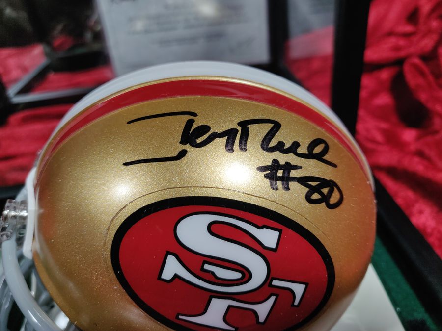 Jerry Rice 49ers Autographed Mini Helmet Shadowbox w/ Jersey Card and Figure