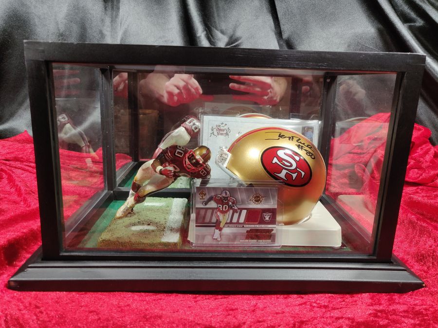 Jerry Rice 49ers Autographed Mini Helmet Shadowbox w/ Jersey Card and Figure