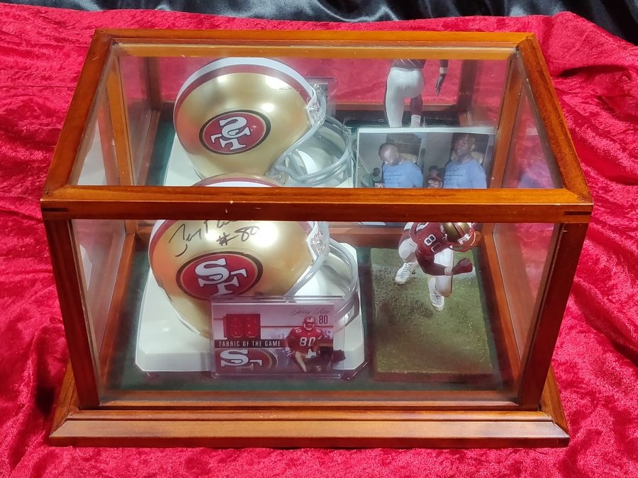 Jerry Rice Autographed Mini Helmet San Francisco 49ers Shadowbox Card & Figure
