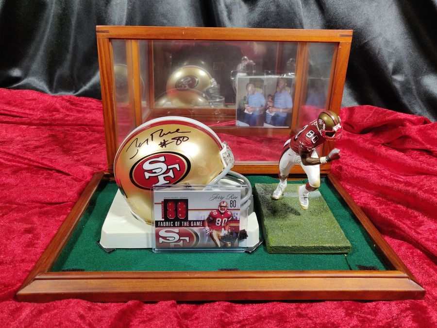 Jerry Rice Autographed Mini Helmet San Francisco 49ers Shadowbox Card & Figure