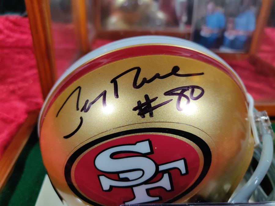 Jerry Rice Autographed Mini Helmet San Francisco 49ers Shadowbox Card & Figure