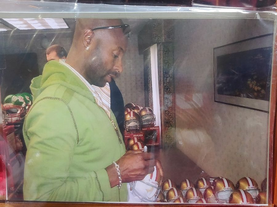 Jerry Rice San Francisco 49ers Autographed Mini Helmet Shadowbox w/ Card Figure