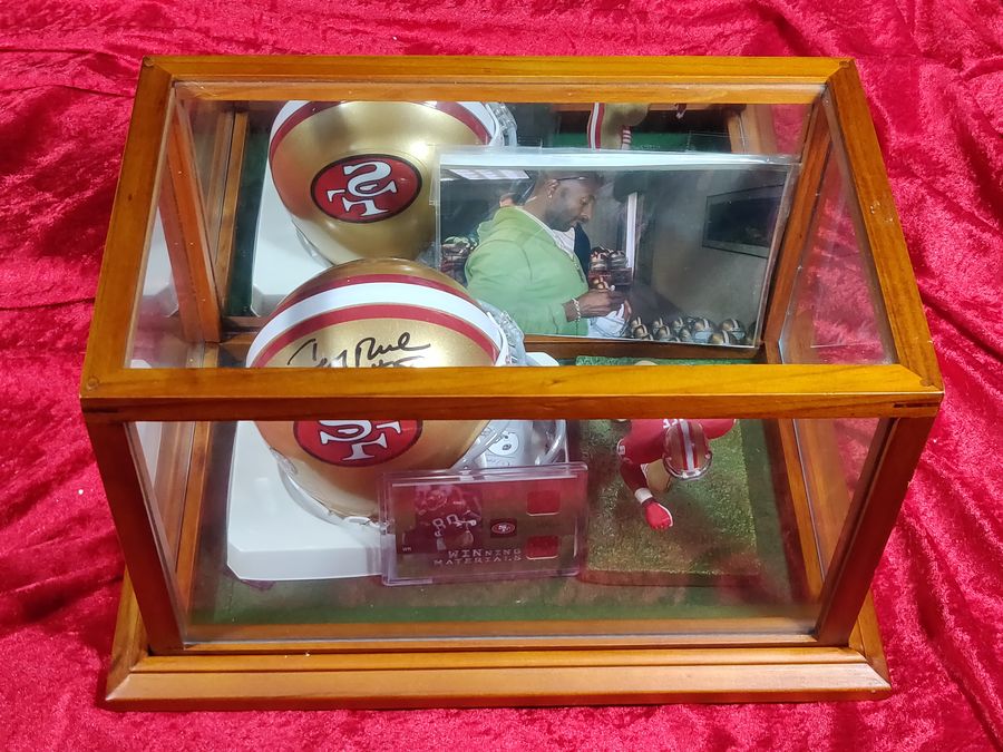 Jerry Rice San Francisco 49ers Autographed Mini Helmet Shadowbox w/ Card Figure