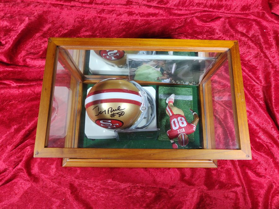 Jerry Rice San Francisco 49ers Autographed Mini Helmet Shadowbox w/ Card Figure