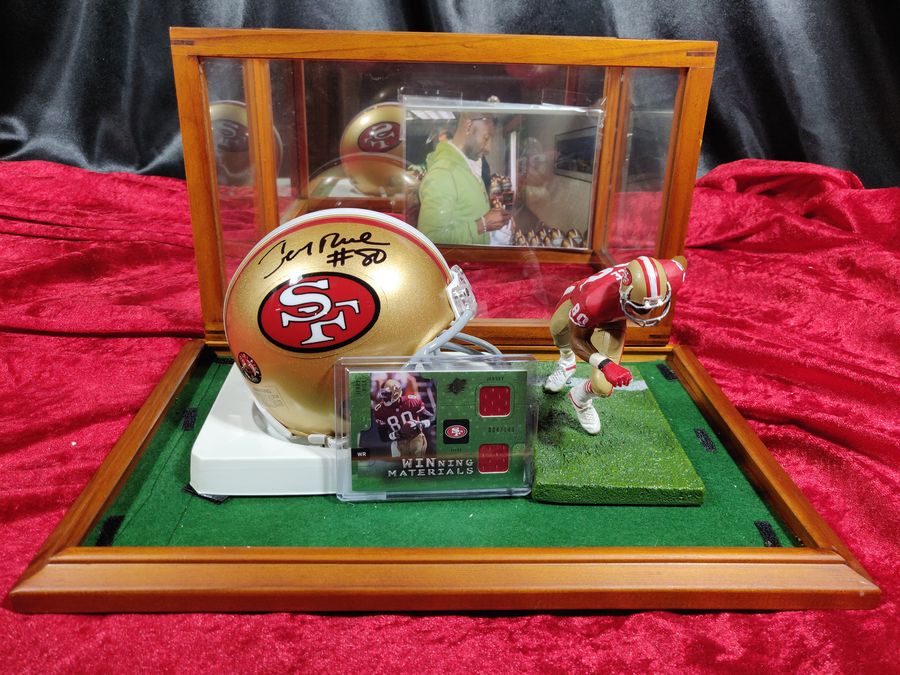 Jerry Rice San Francisco 49ers Autographed Mini Helmet Shadowbox w/ Card Figure